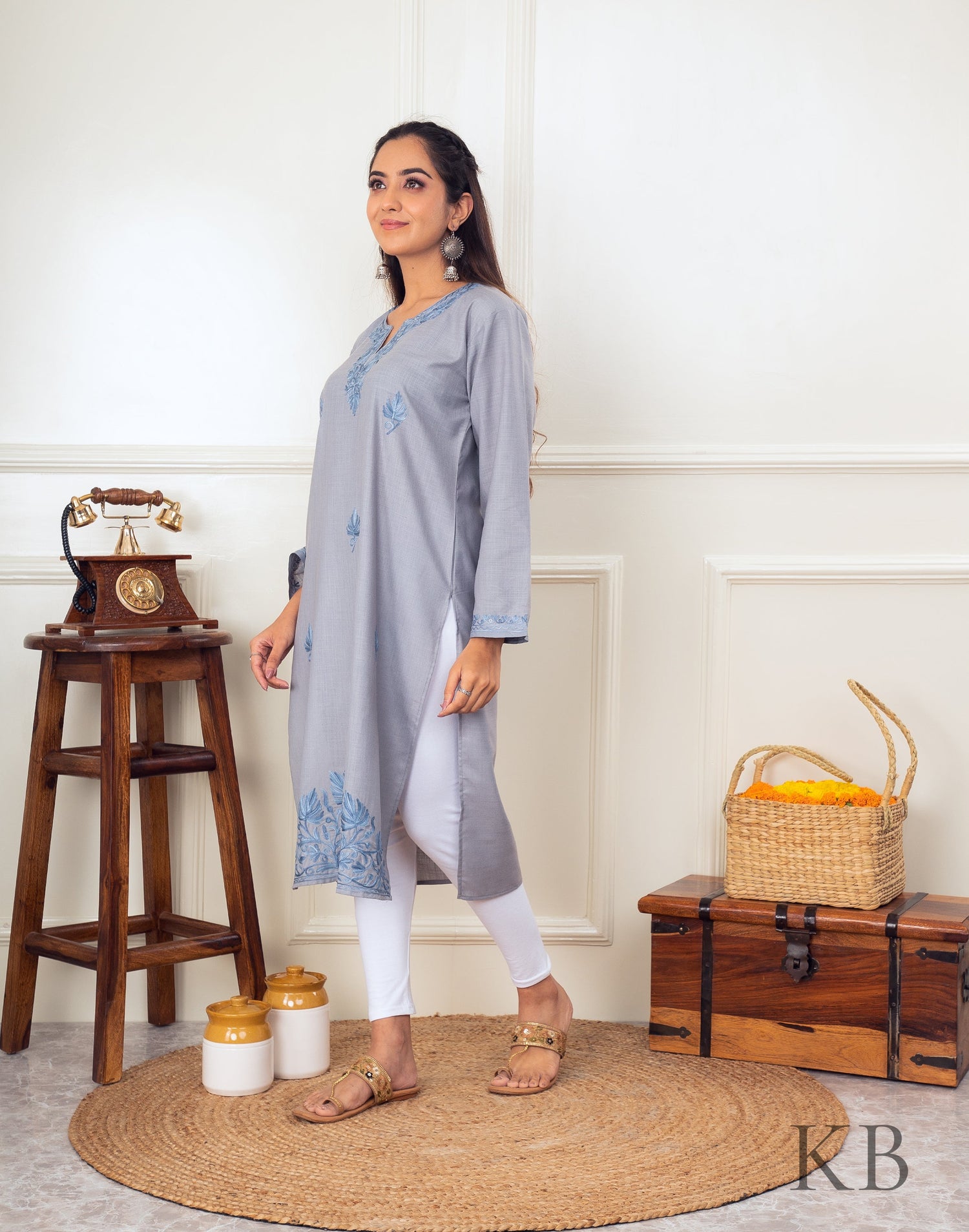 Subtle Stone Grey Aari Embroidered Cotton Kurti