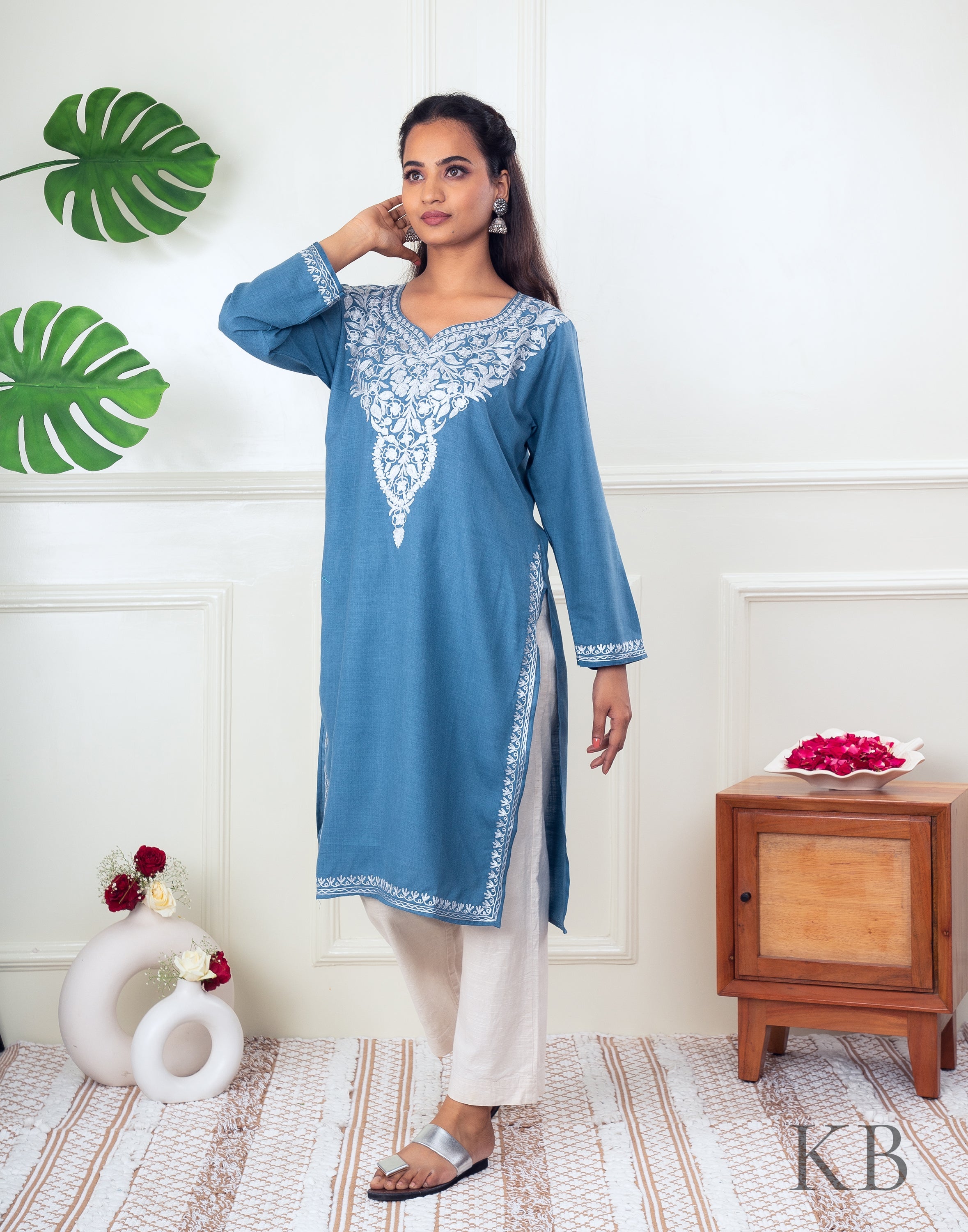 Light Blue Zari Embroidered Cotton Kurti