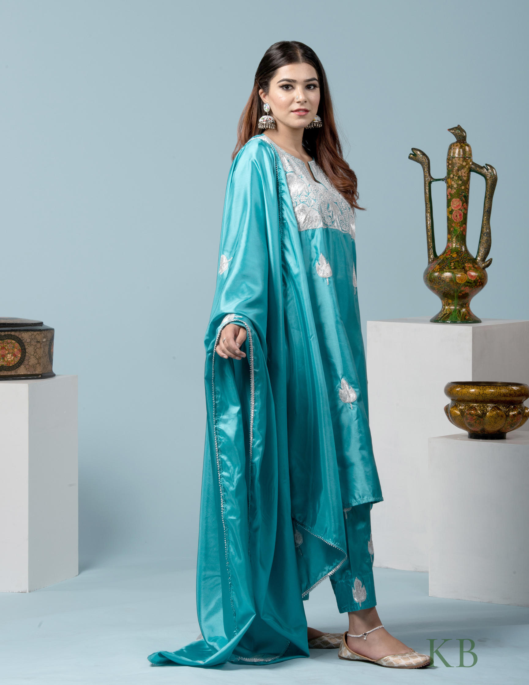 Inara Tilla Embroidered Sky Blue Silk Suit with 2.5 Meters Dupatta - Kashmir Box