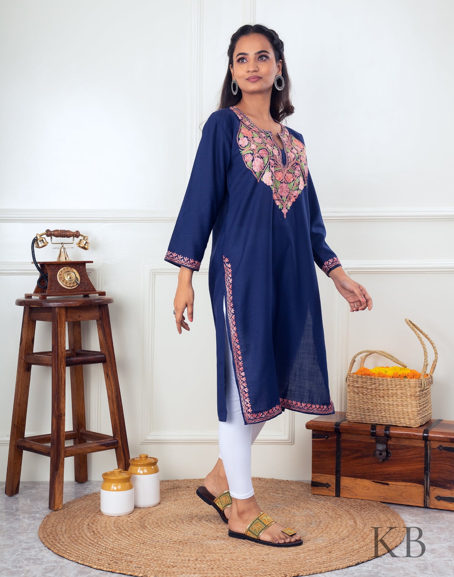 Full Neck Design Aari Embroidered Cotton Kurti