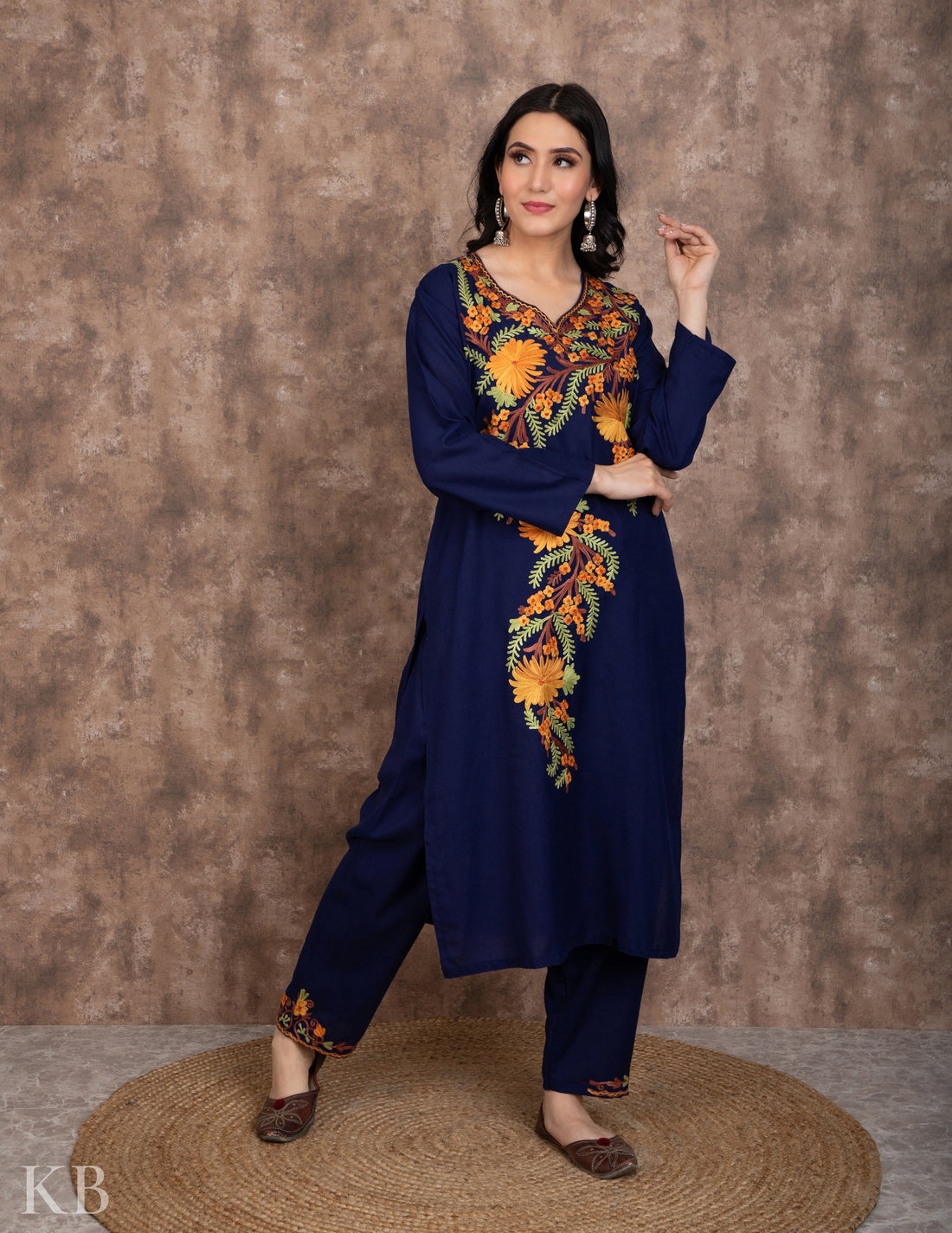 Floral Aari Dark Blue Cotton Suit - Kashmir Box