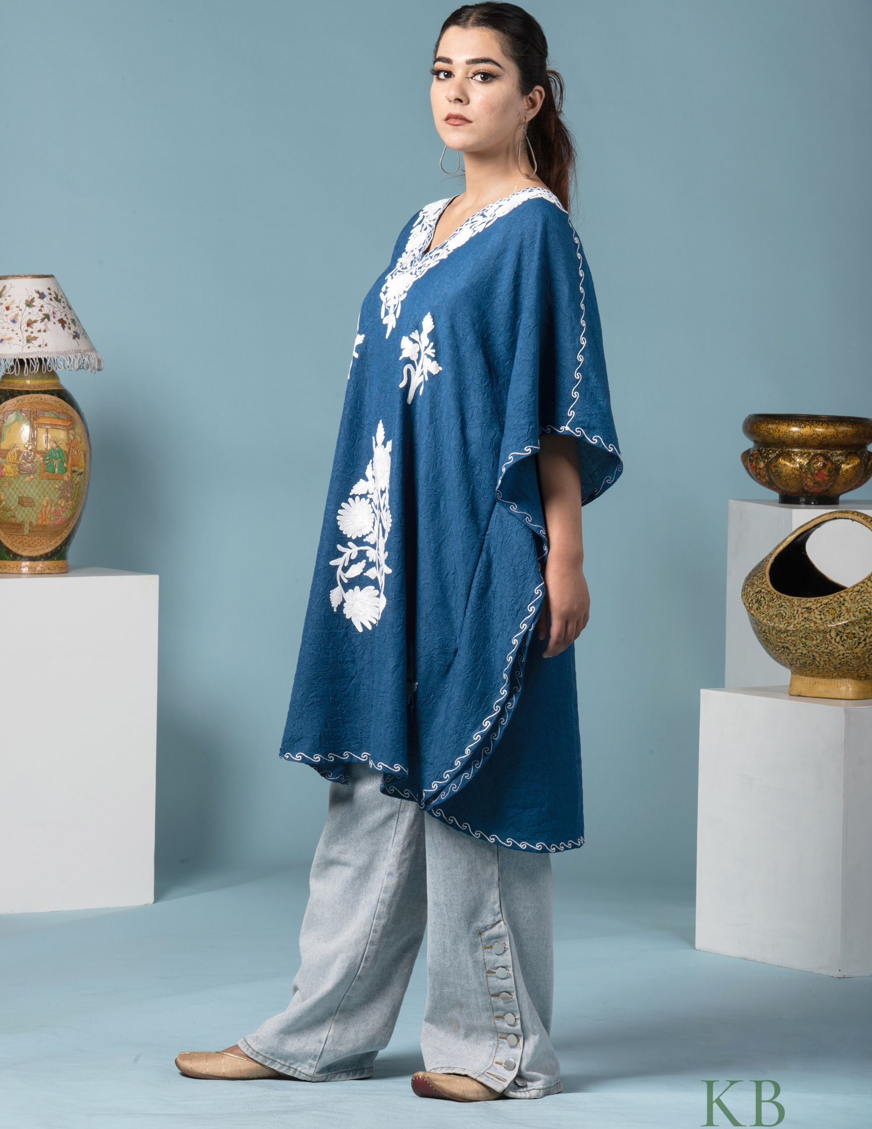 Classic Blue Aari Embroidered Short Kaftan - Kashmir Box