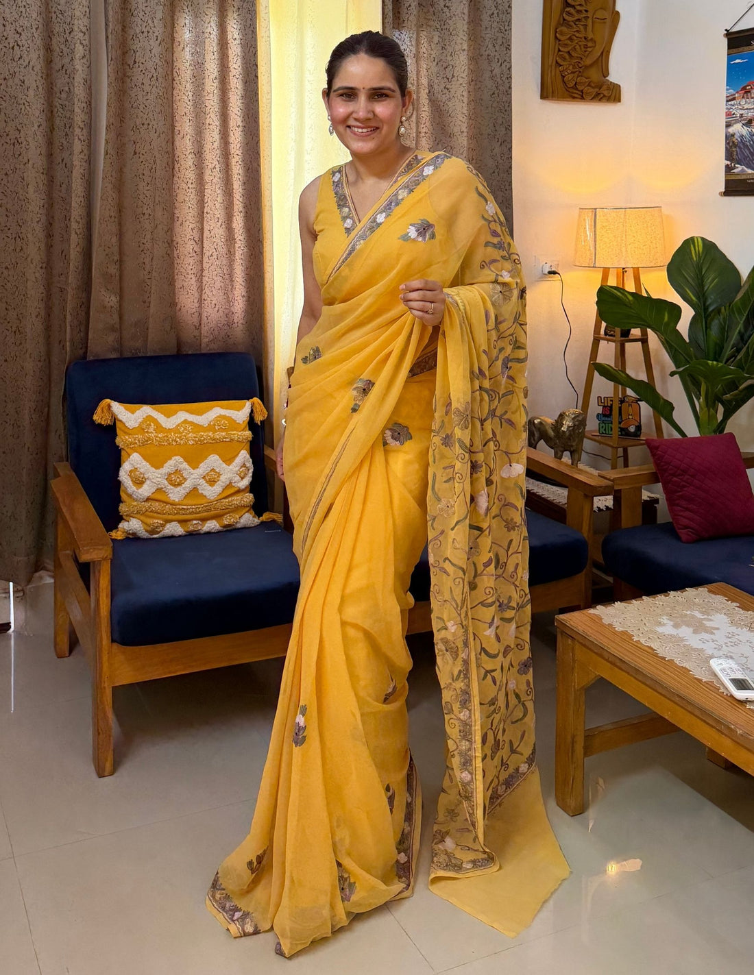 Kashmiri Aari Embroidered Georgette Saree –  Yellow