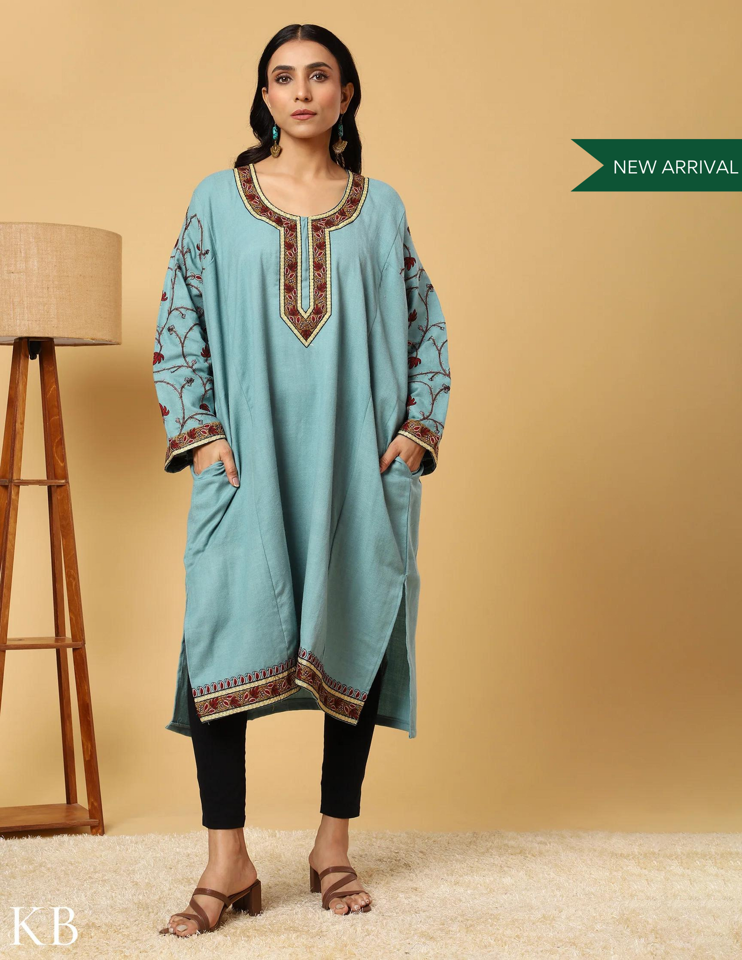 Sky Blue Zari Sozni Embroidered Pure wool  Phiran - Kashmir Box