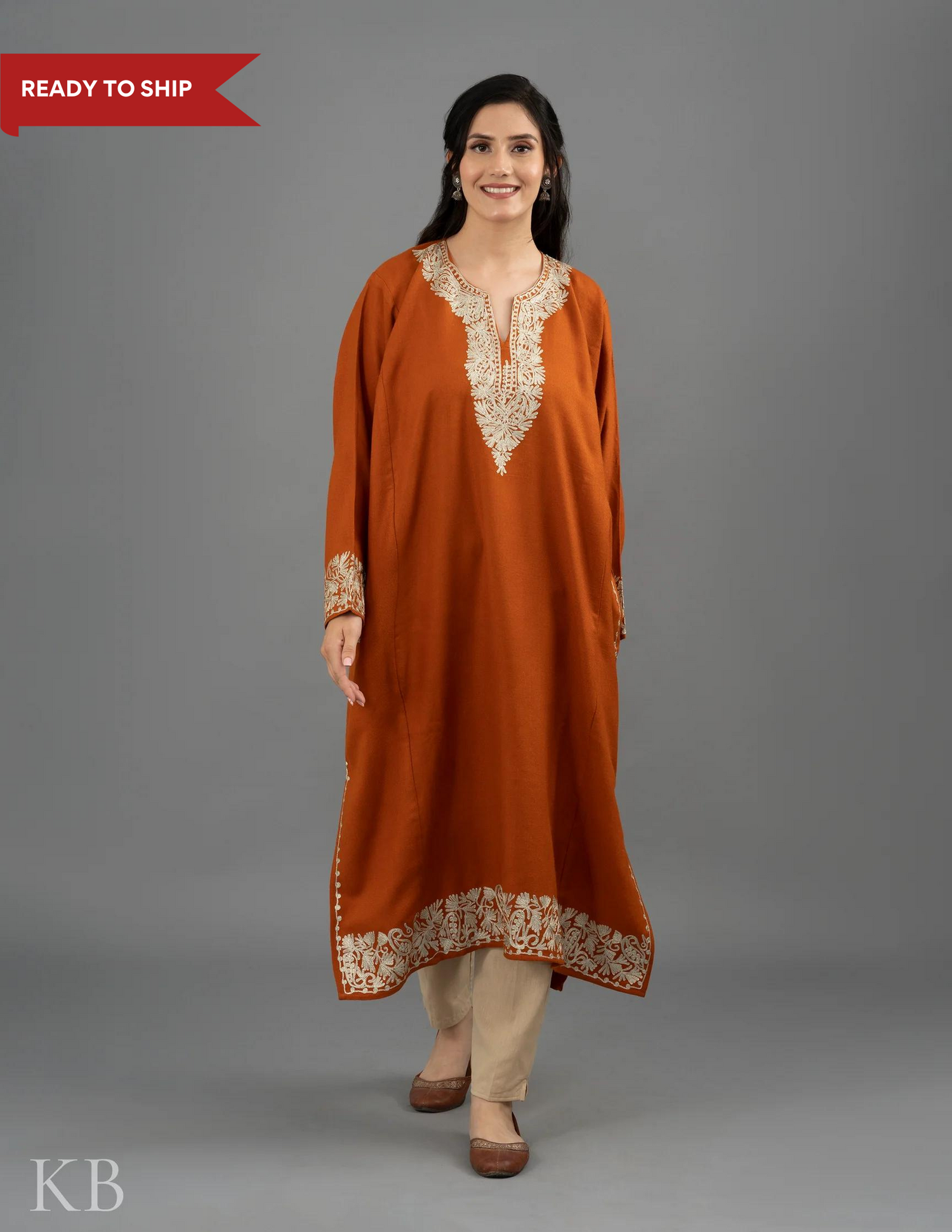 Zari Embroidered Orange Cashmilon Phiran - Kashmir Box