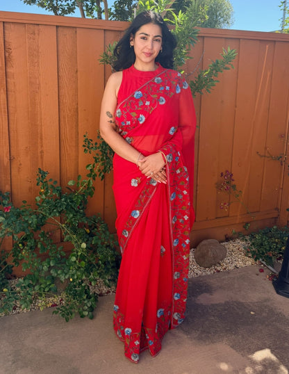 Kashmiri Aari Embroidered Georgette Saree – Red