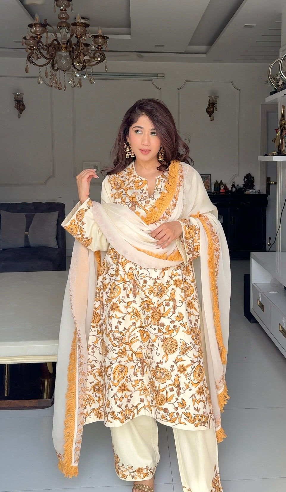 Yellow Cotton Satin Suit Set with Fine Aari Embroidery &amp; Organza Dupatta — Bulbul Collection | Kashmiri Summer Festive Wear
