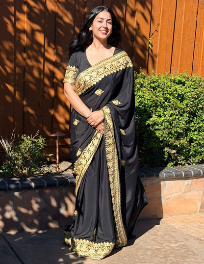 Kashmiri Zari Embroidered Crepe Saree – Black