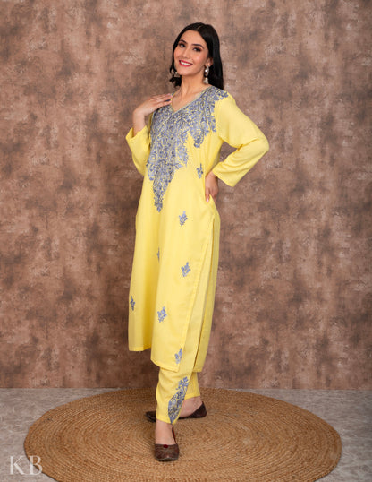 Lemon Aari embroidered Cotton Suit - Kashmir Box