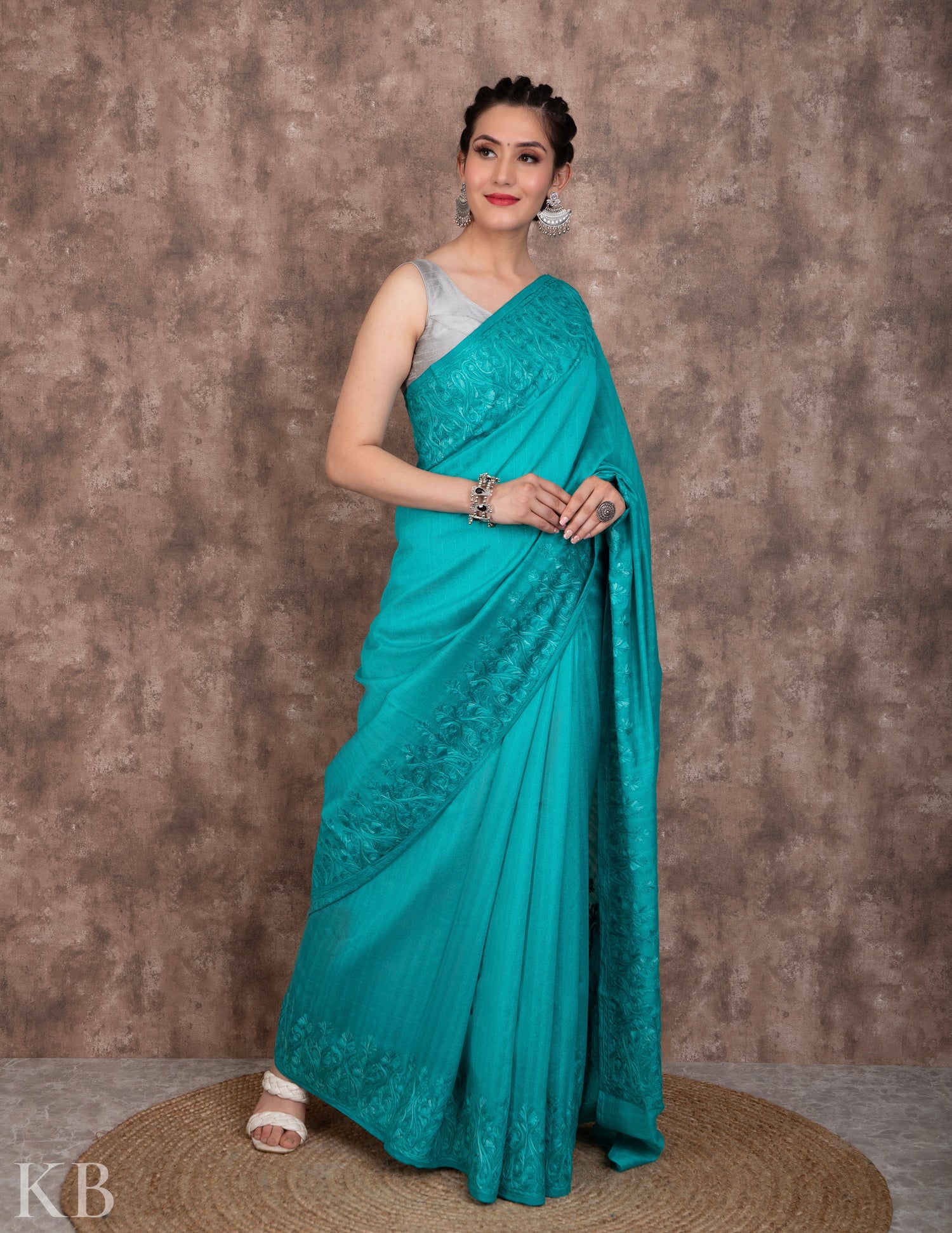 Ferozi Aari Embroidered Silk Saree - Kashmir Box