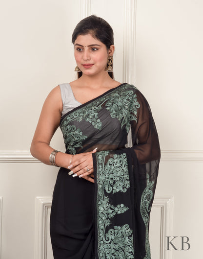 Black Aari Border Embroidered Georgette Saree - Kashmir Box