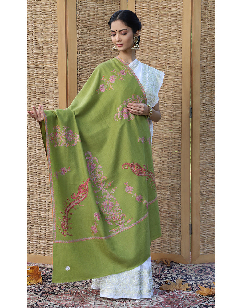 Sheen Green GI Embroidered Cashmere Shawl - KashmirBox.com