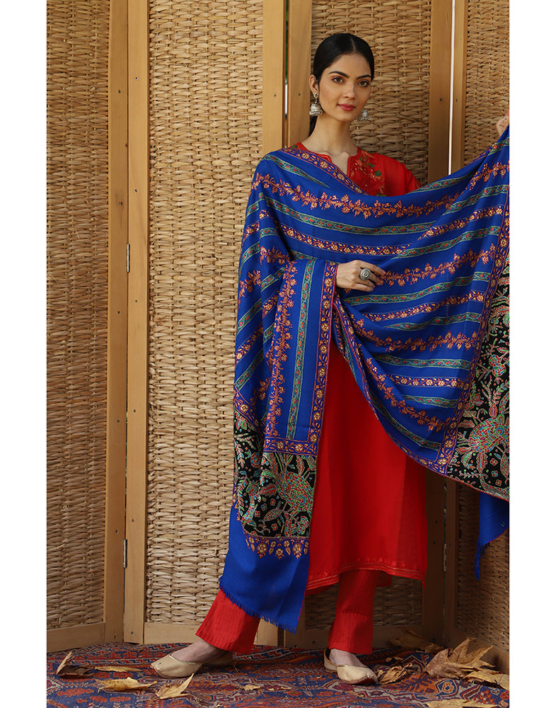 Royal Blue Stripped Sozni Pashmina Shawl - KashmirBox.com