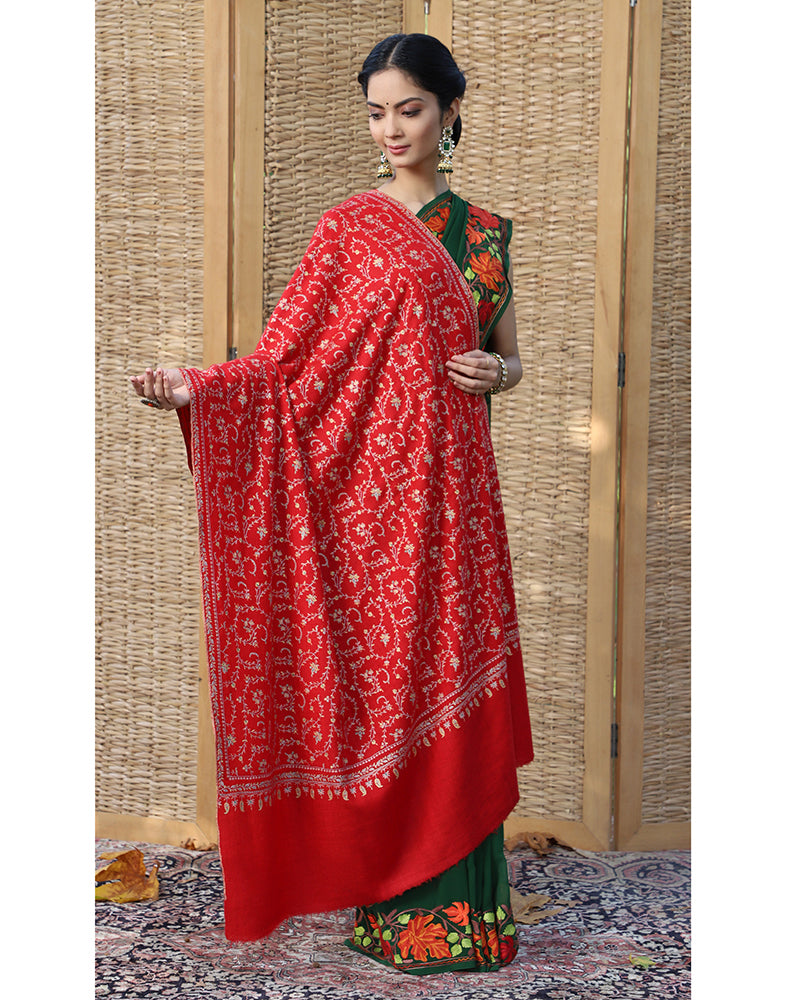 Red GI Jaldaar Cashmere Shawl - KashmirBox.com