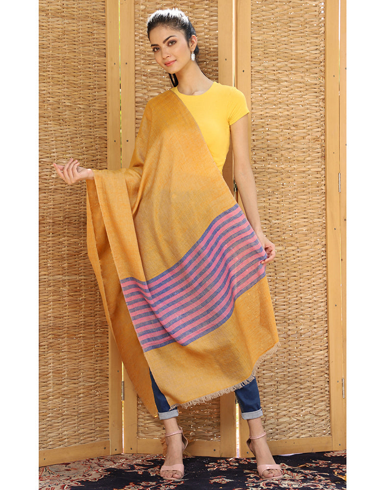 Mustard Stripped Cashmere Stole - KashmirBox.com