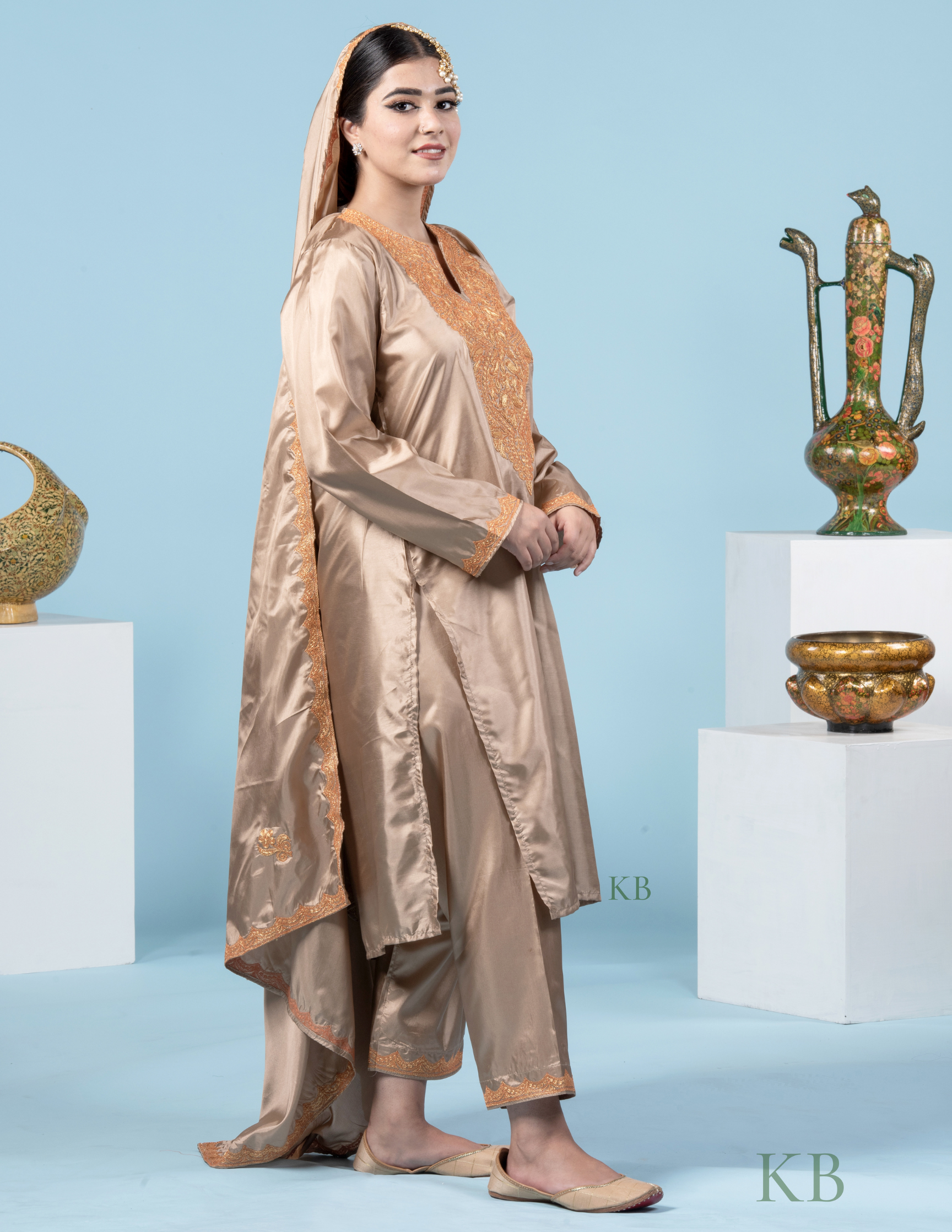 Zaaem Tilla Embroidered Golden Silk Suit with 2.5 Meters Dupatta - Kashmir Box