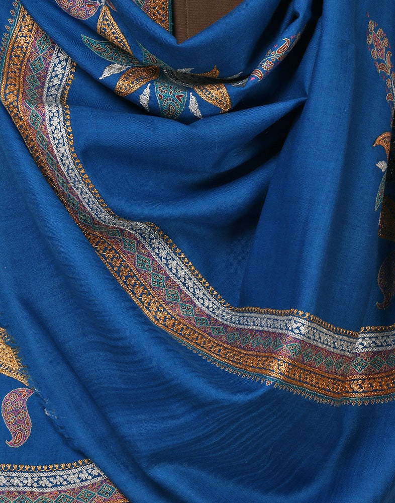 Cobalt Blue Embroidered Cashmere Shawl - Kashmir Box