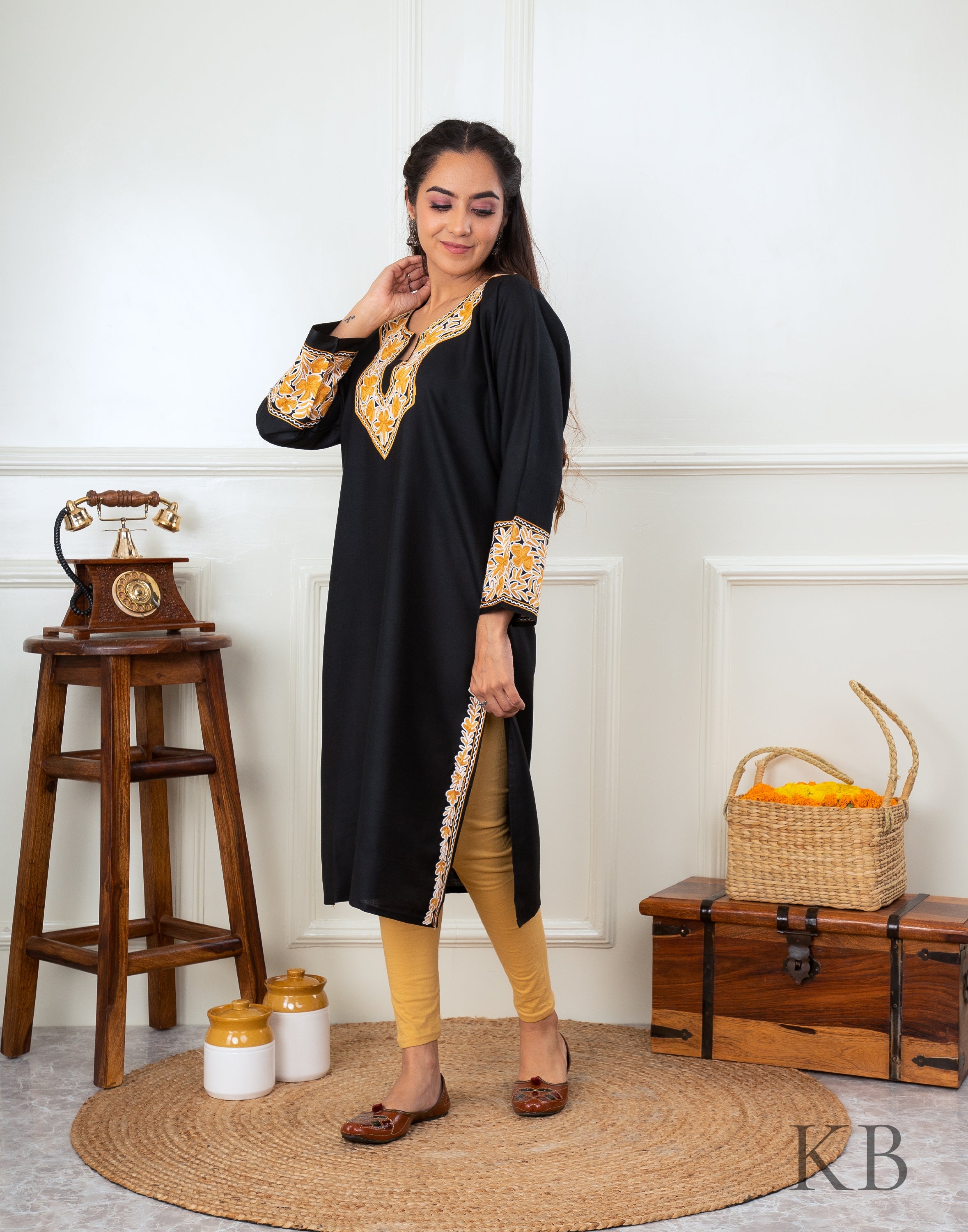 Black Marigold Aari Embroidered Cotton Kurti