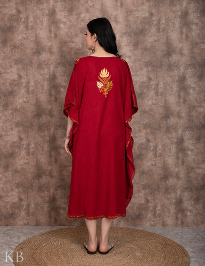 Long Neck Maroon Embroidered Kaftan