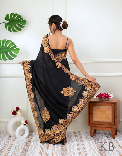 Gold Aari Border Black Silk Saree - Kashmir Box