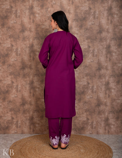 Zari Lined Purple Aari Embroidered Suit - Kashmir Box