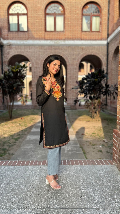 Black Cotton Kurti with Multi-hued Floral Aari Embroidery