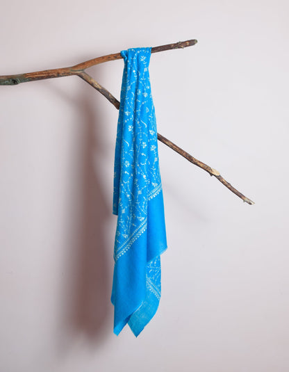 Bright Blue Handwoven Jaali Embroidered Cashmere Pashmina Shawl