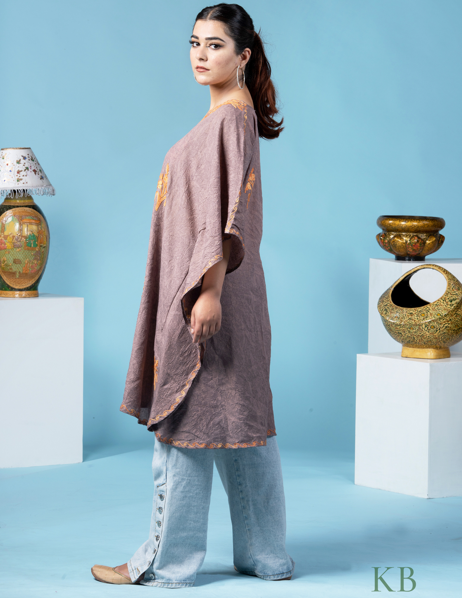 Tan Brown Aari Embroidered Short Kaftan - Kashmir Box