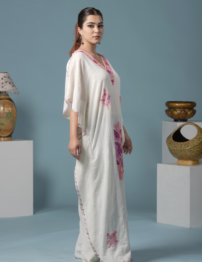 White Floral Aari Embroidered Cotton Kaftan - Kashmir Box