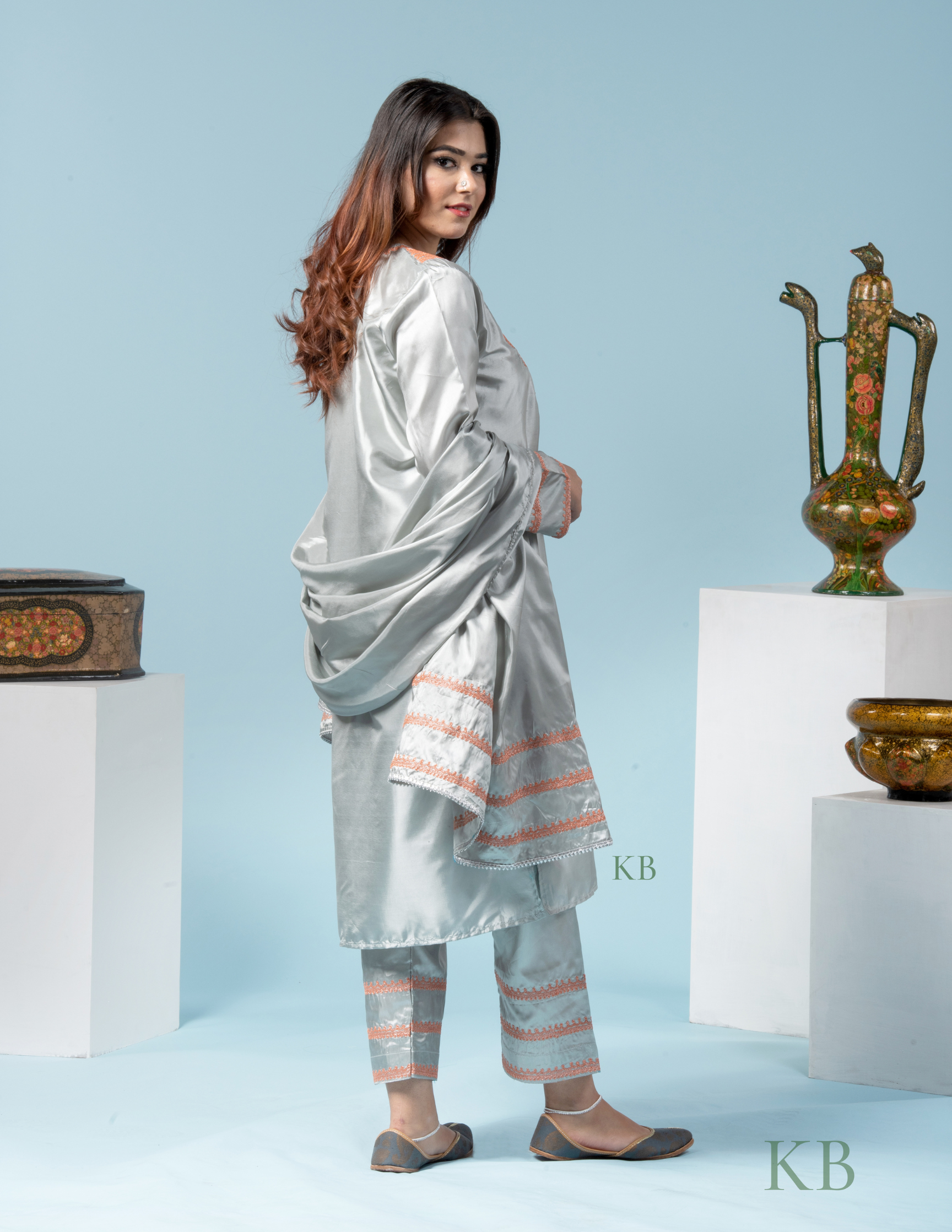 Zaaem Tilla Embroidered Grey Silk Suit with 2.5 Meters Dupatta - Kashmir Box