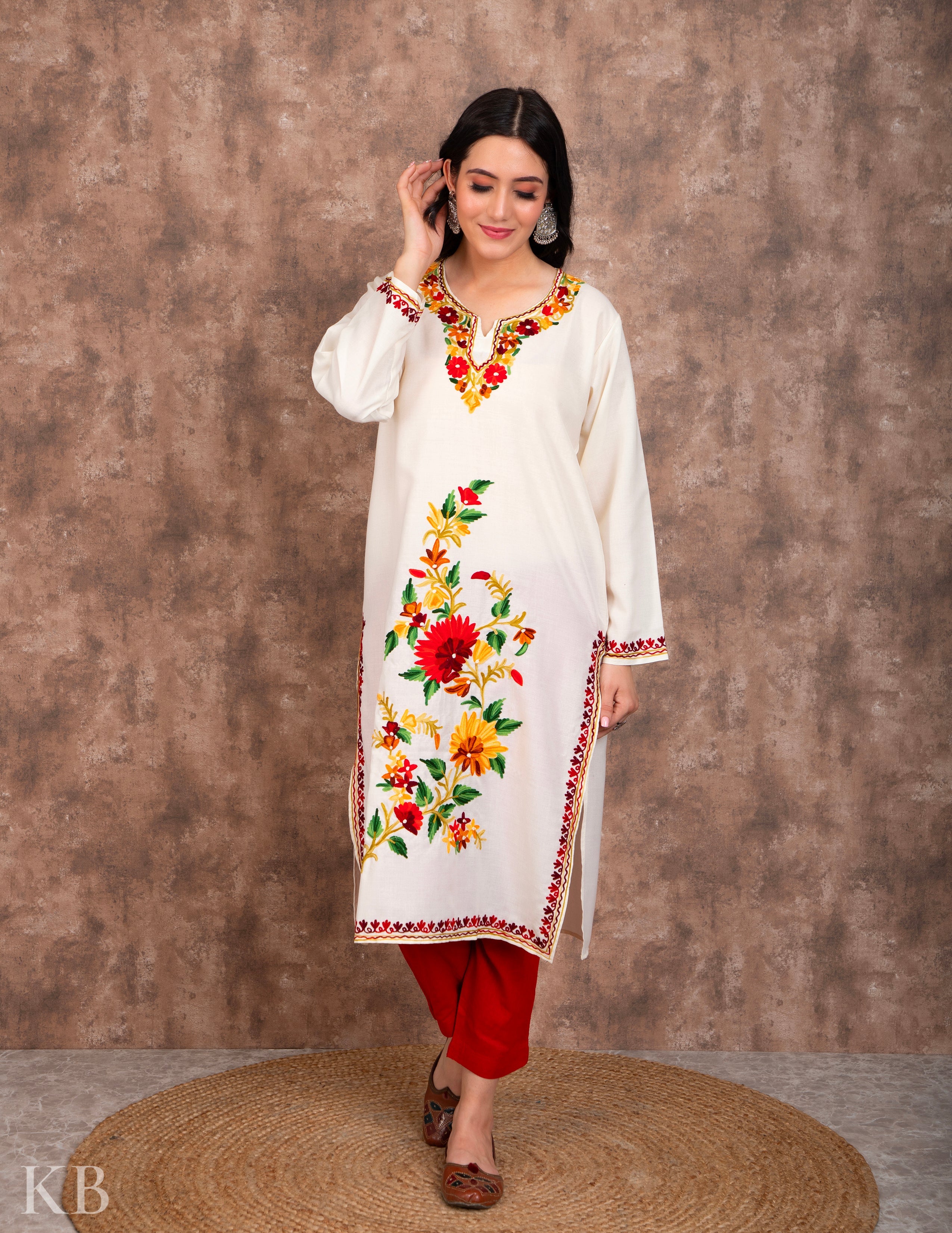 Sunflower Sprout Aari Embroidered Cotton Kurti