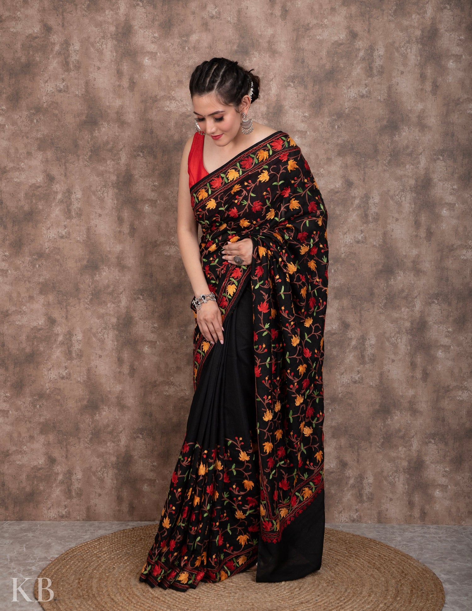 Aari Embroidered Black Silk Saree - Kashmir Box