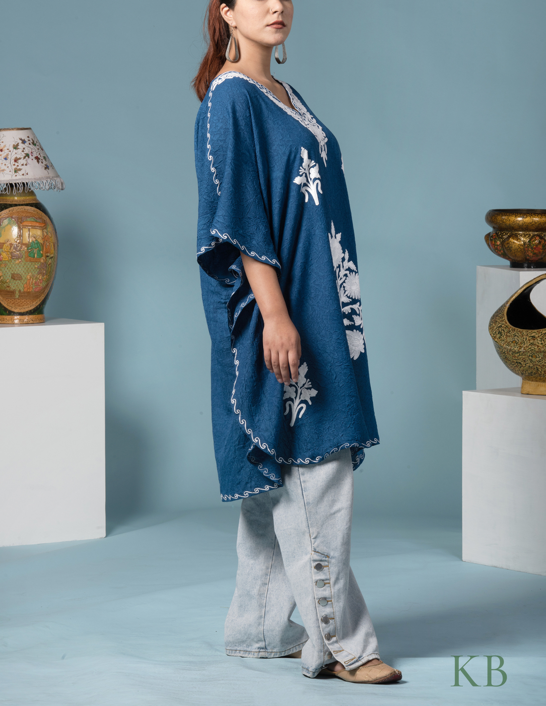 Classic Blue Cotton Aari Embroidered Short Summer Kaftan - Kashmir Box