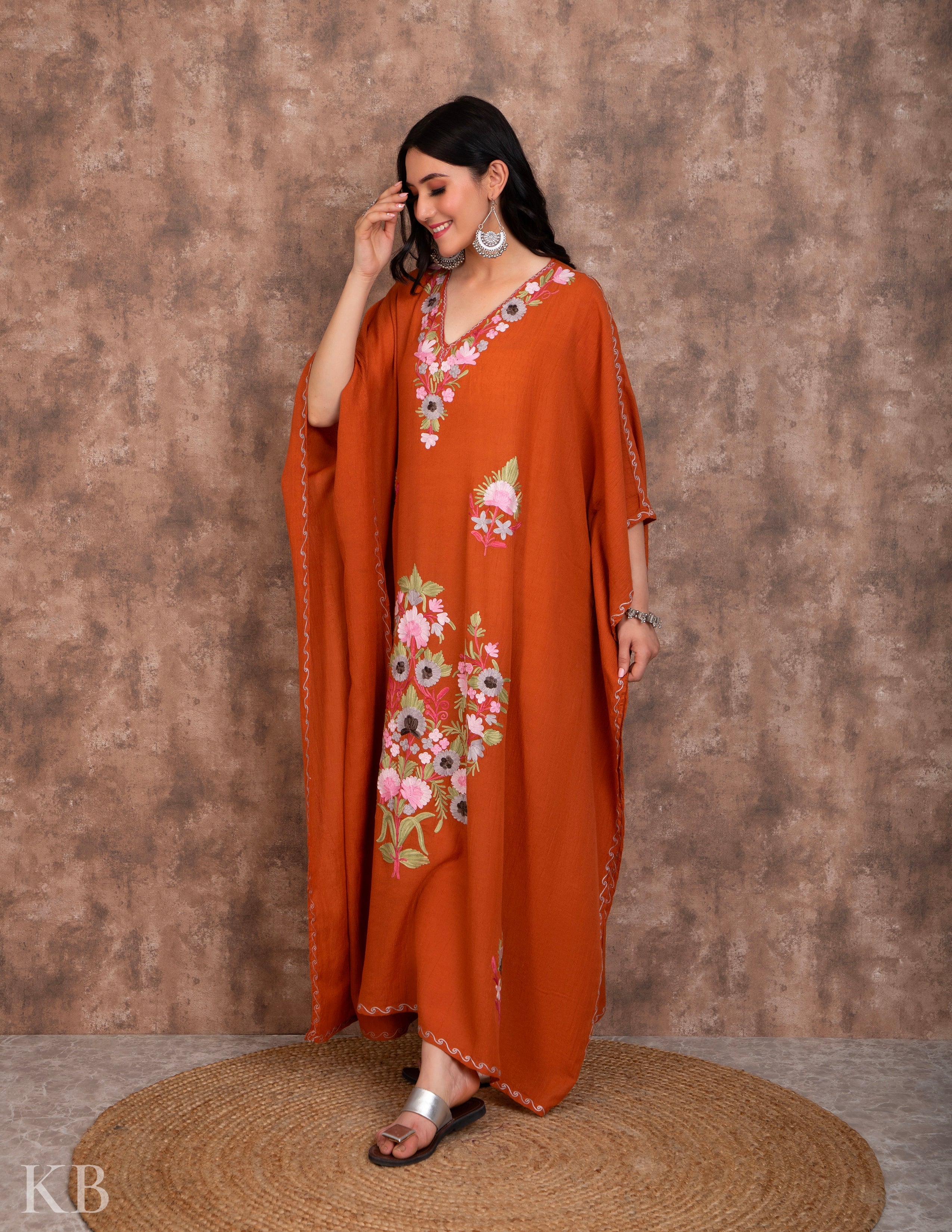 Peach Aari Embroidered Kaftan - Kashmir Box