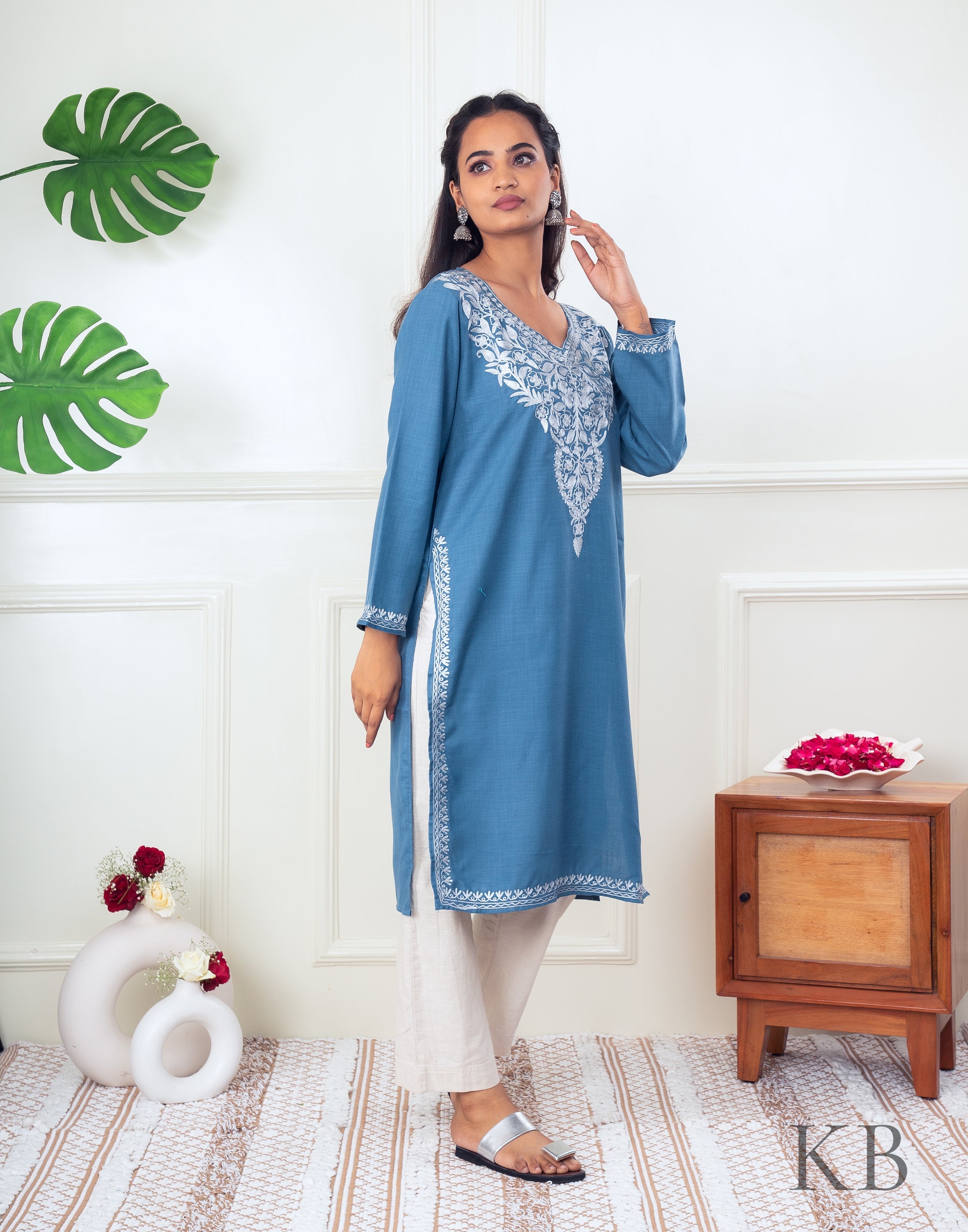 Light Blue Zari Embroidered Cotton Kurti