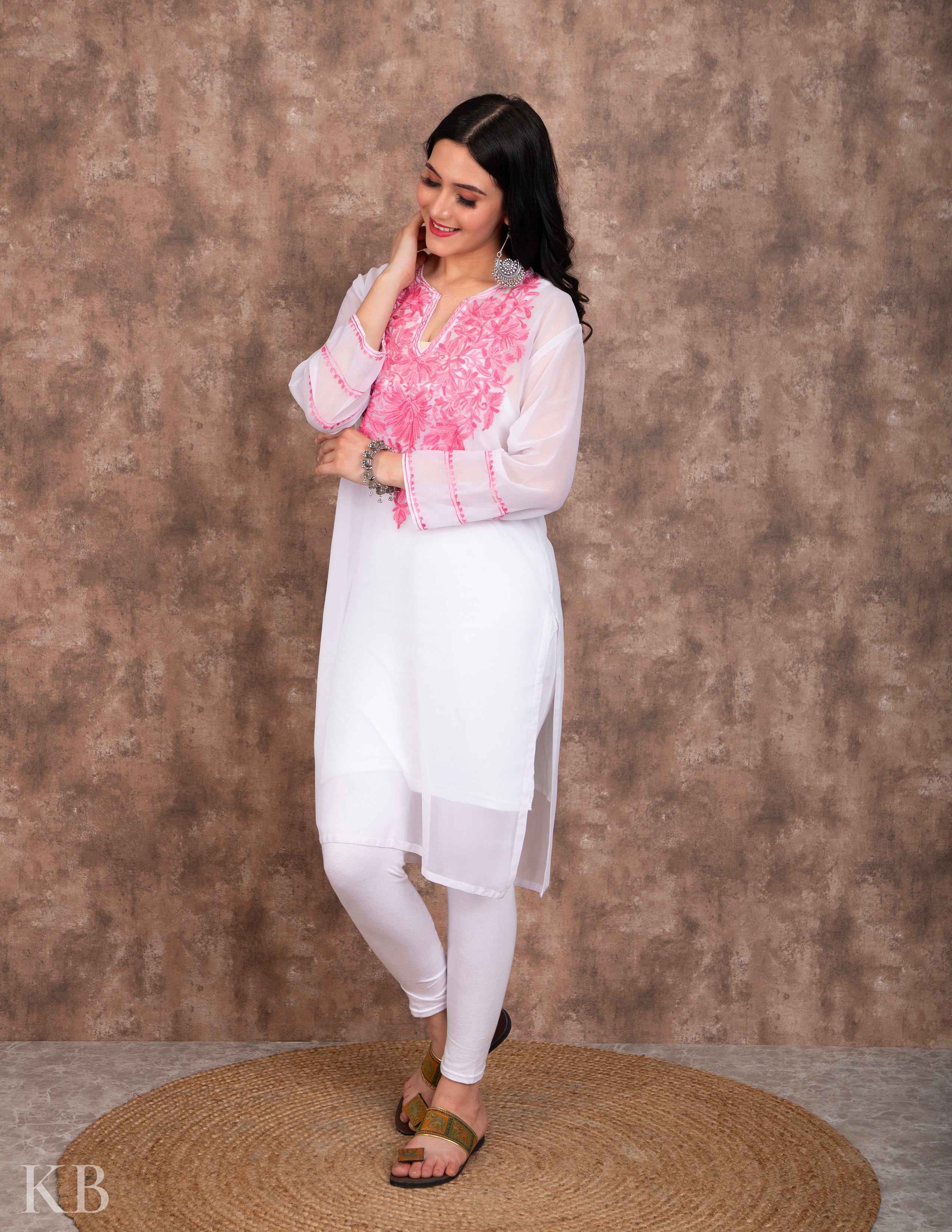 Powdered White Aari Embroidered Georgette Kurti