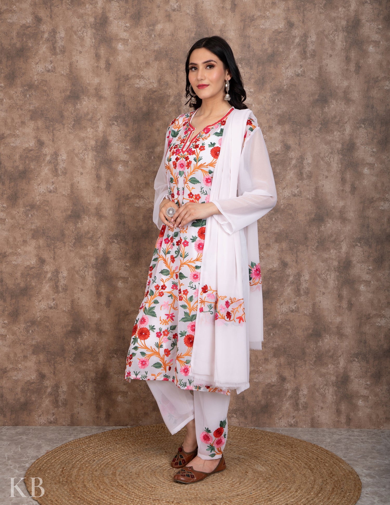 Bahaar White Aari Embroidered Georgette Suit - Kashmir Box