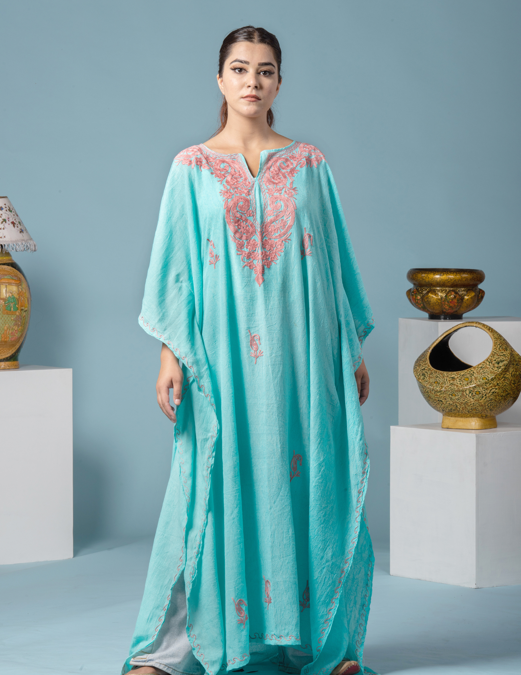 Badaam Posh Sea Green Embroidered Kaftan - Kashmir Box