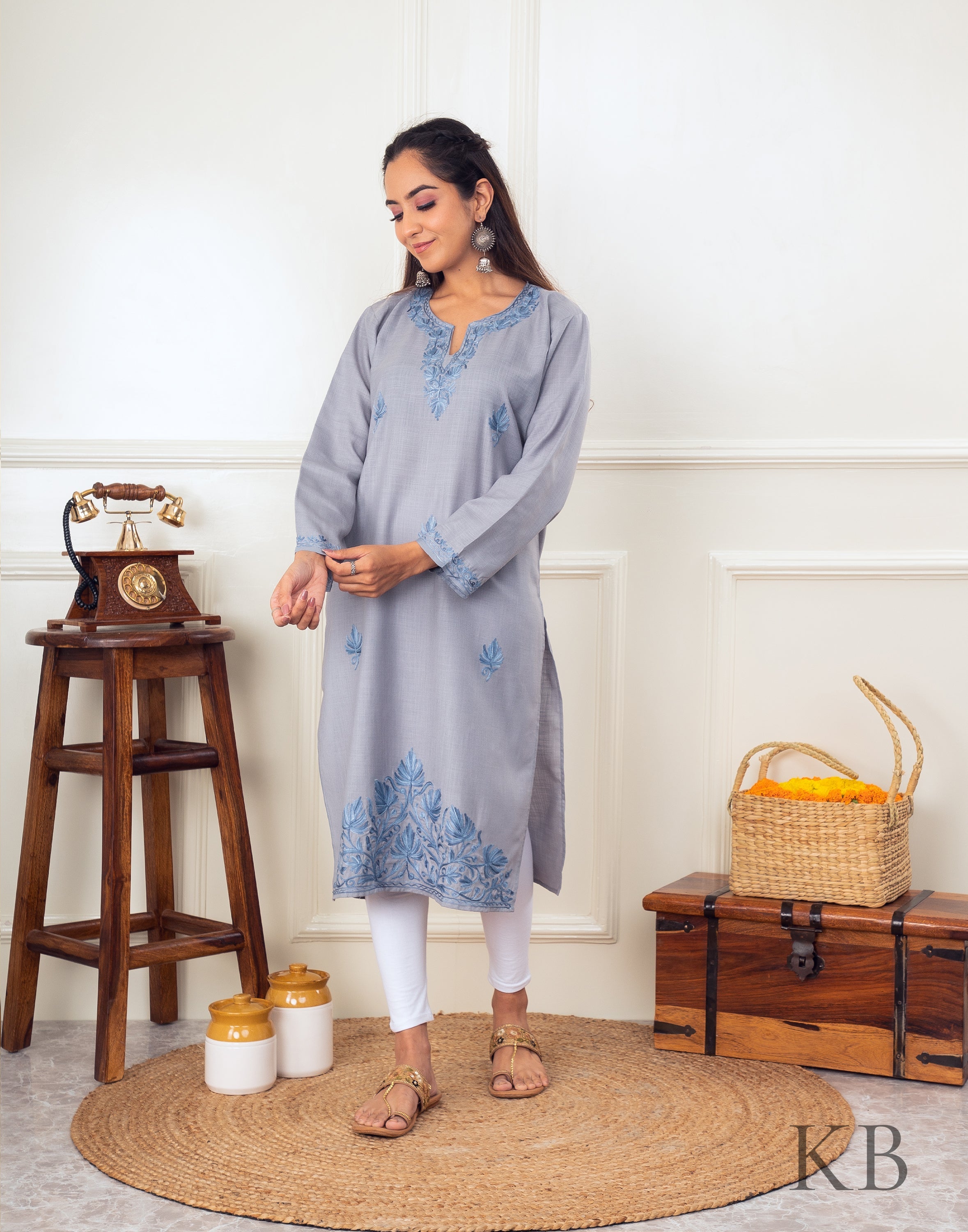 Subtle Stone Grey Aari Embroidered Cotton Kurti