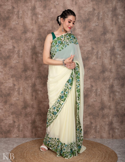 Lemon Yellow Flowery Vine Aari Georgette Saree - Kashmir Box