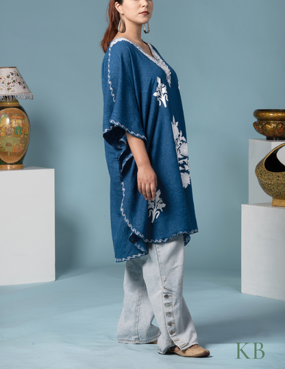 Classic Blue Aari Embroidered Short Kaftan - Kashmir Box