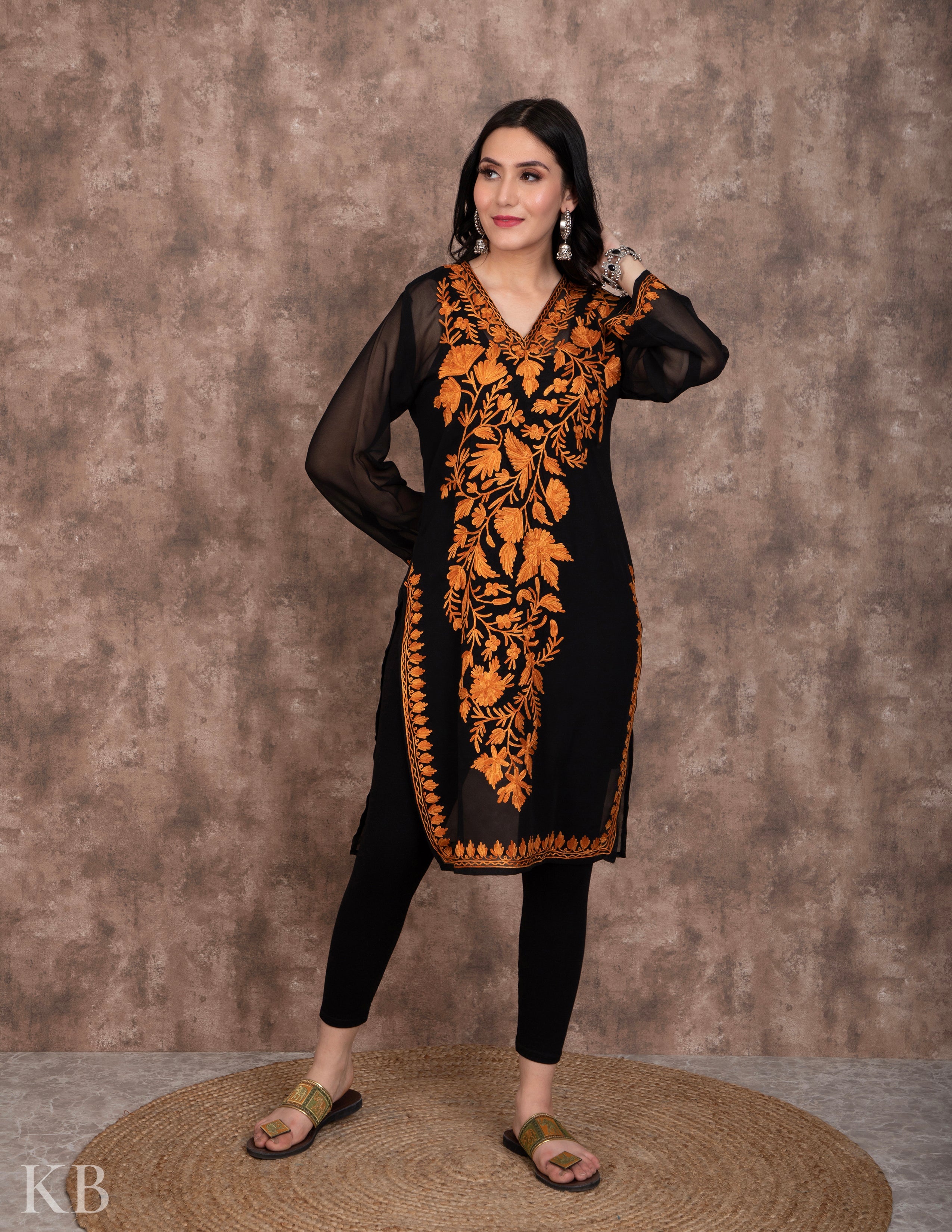 Black Aari Embroidered Georgette Kurti