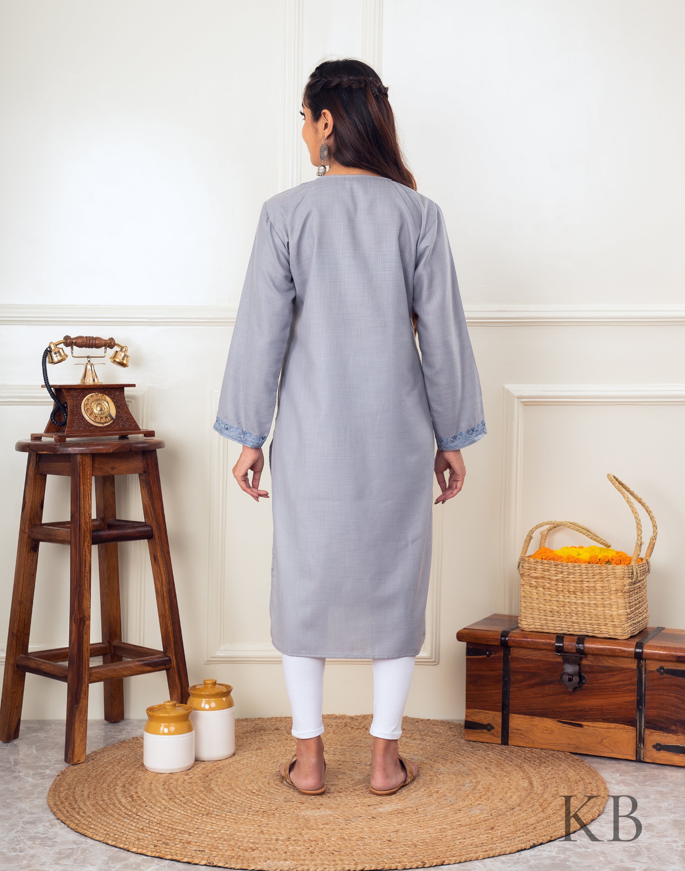 Subtle Stone Grey Aari Embroidered Cotton Kurti