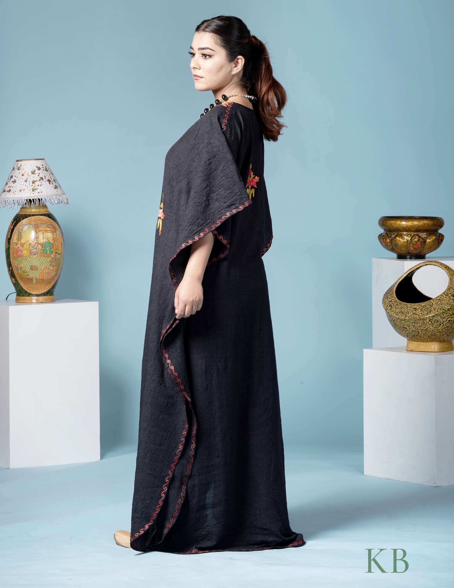 Black Floral Aari Embroidered Cotton Kaftan - Kashmir Box