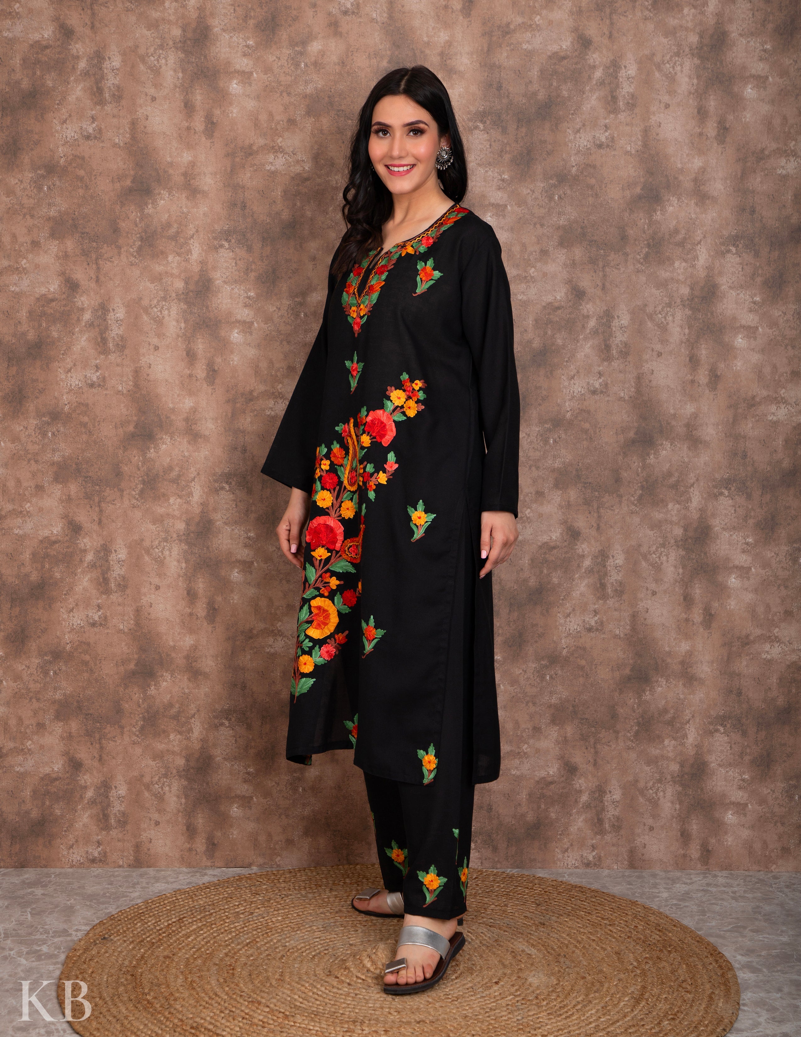 Classic Black Embroidered Cotton Suit - Kashmir Box