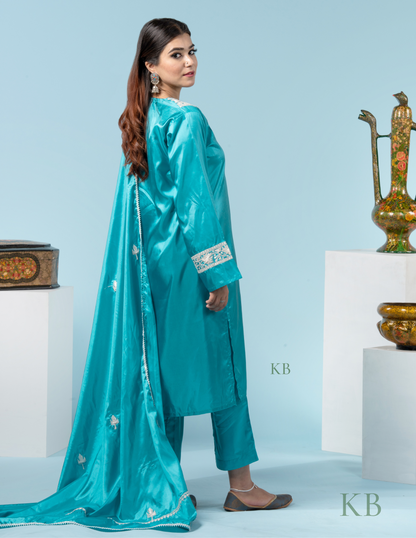 Khushi Tilla Embroidered Sky Blue Silk Suit with 2.5 Meters Dupatta - Kashmir Box