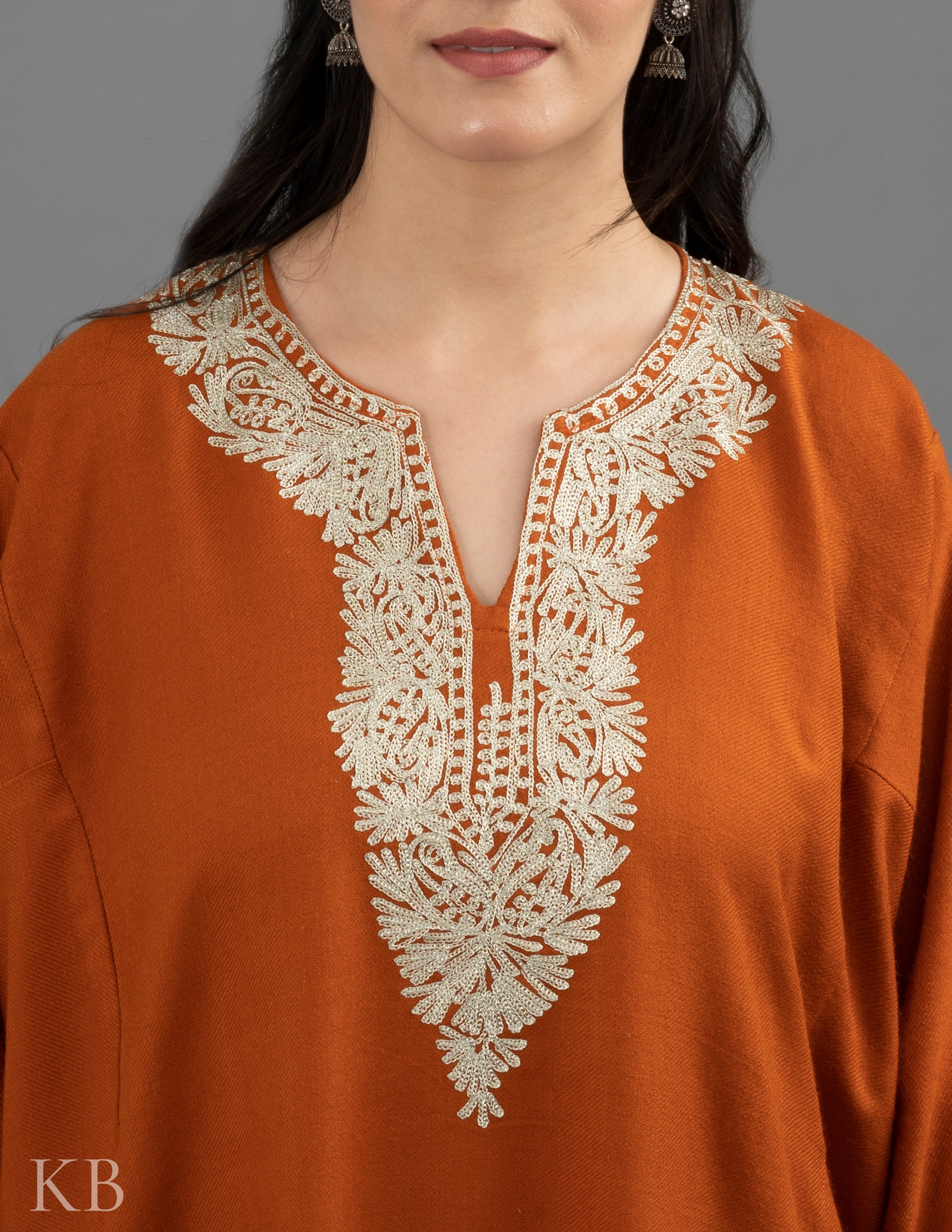 Zari Embroidered Orange Cashmilon Phiran - Kashmir Box