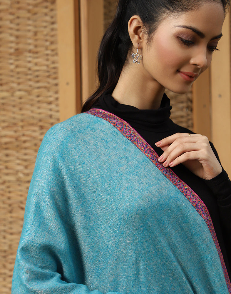 Turquoise Box Weave Hashidaar Cashmere Stole - KashmirBox.com