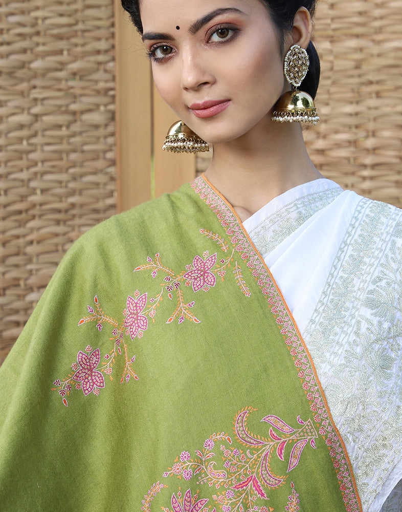 Sheen Green GI Embroidered Cashmere Shawl - KashmirBox.com