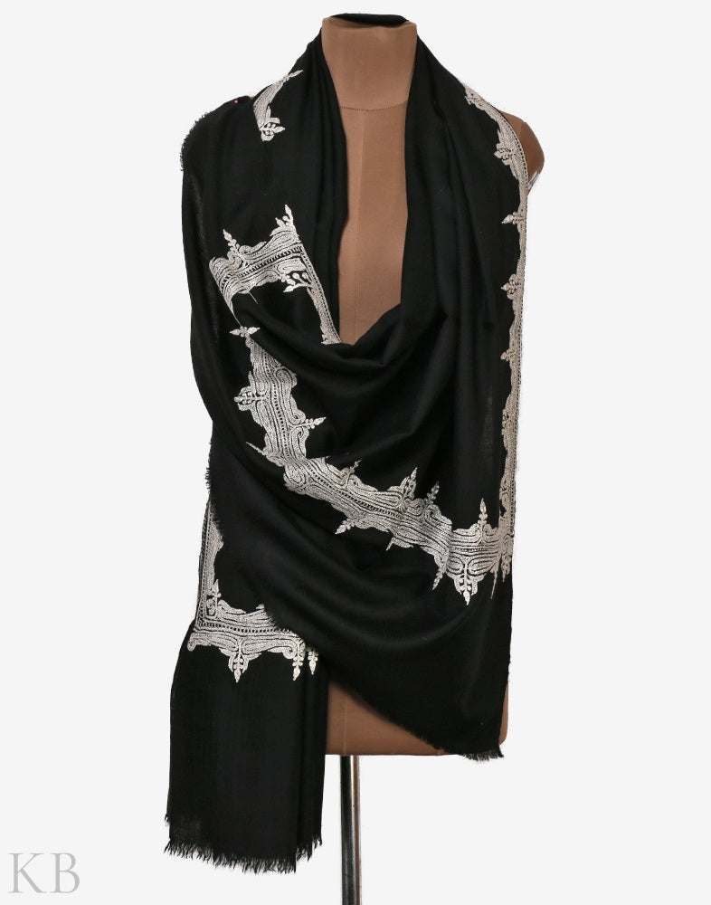 Black Silver Embroidered Cashmere Shawl - Kashmir Box